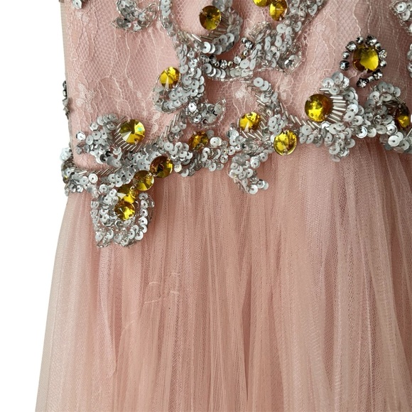 Sherri Hill HOCO pink embroidered floral lace beaded formal tulle long dress 4 - Picture 4 of 8